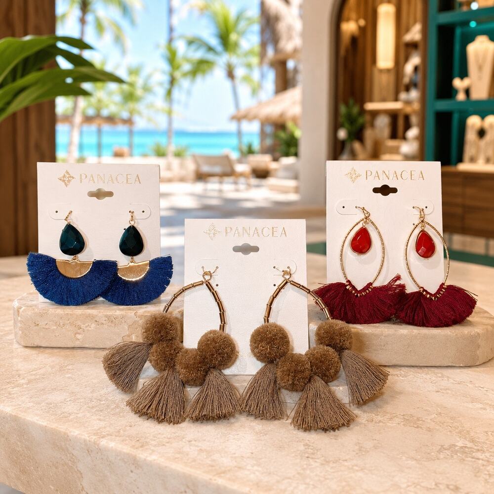 Panacea Statement Earrings Lot of 3 Tassel Pom Pom Fringe Gold Tone NWT Resort